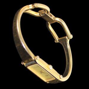 Gucci 1500L Vintage Gold Tone Rectangular Slim Case Horsebit Luxe Watch